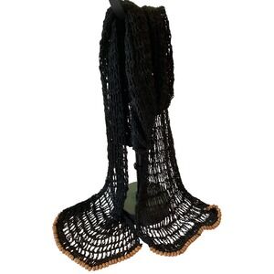 Open Knit Scarf Long About 62 Inch Black Wooden Bead Trim Mesh Fishnet Boho